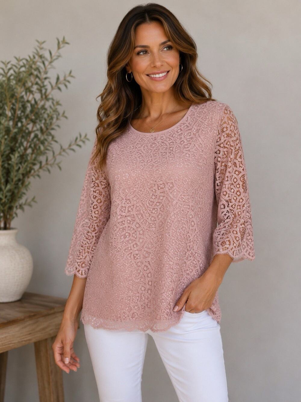 J.Crew Womens Blouse 6 Pink Blush Scallop Lace Lined Long Sleeve Career Formal